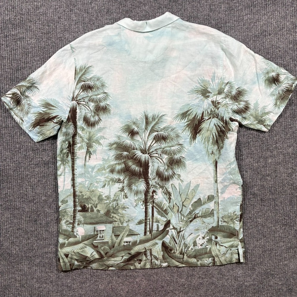 Tommy Bahama Linen Hawaiian Shirt Mens L Blue Palm Tree AOP Camp Casual - Picture 2 of 8
